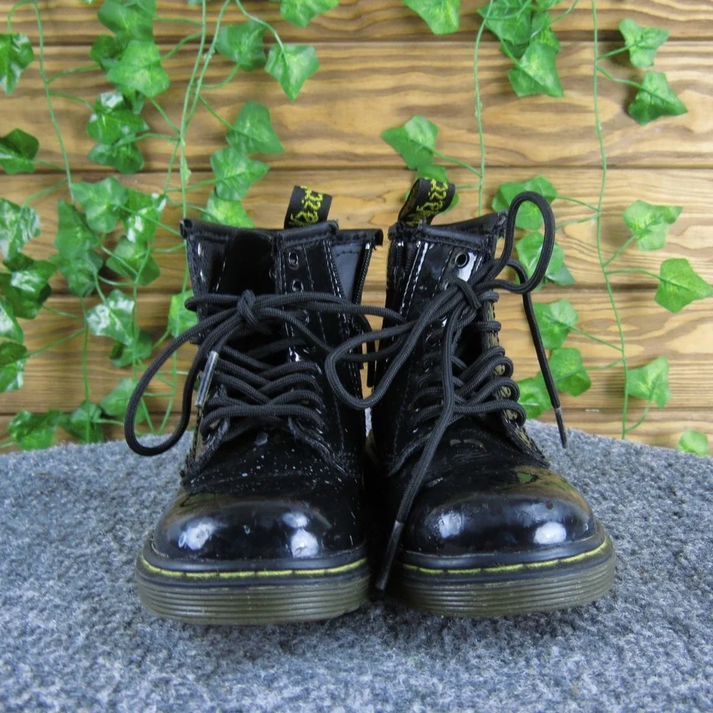 Dr. Martens Brooklee Toddler Black Patent Leather Ankle Boots Lace Up Side Zip 7